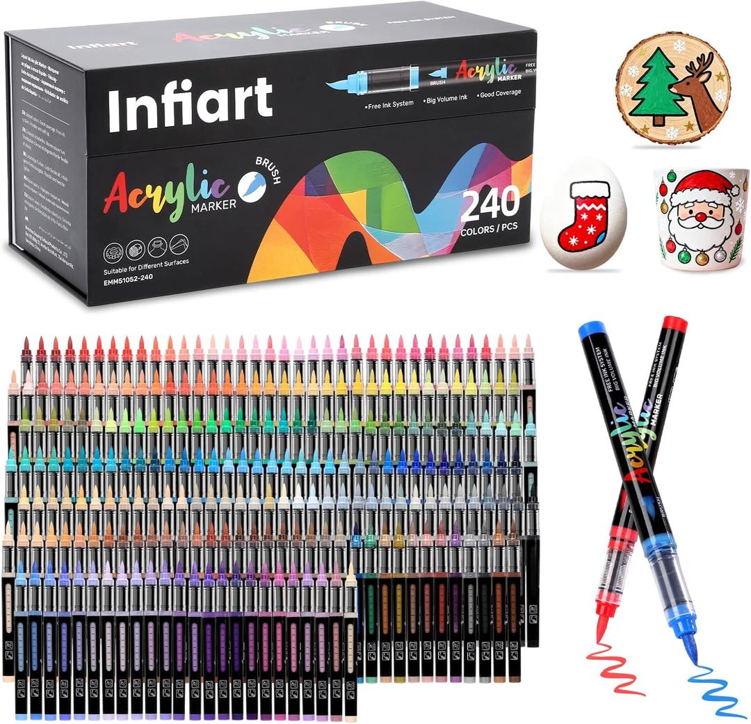 240 Colors Acrylic Paint Markers Brush Tip, Automatic Ink Control Acrylic Paint Pens Waterproof Acrylic Markers Set for Christmas Decorations, Stone, Wood, Glass, DIY & Art Supplies
