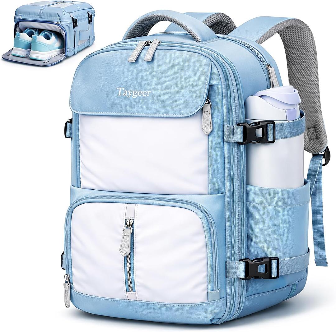 Taygeer Frontier Airlines Personal Item Bag, Expandable 18x14x8 Inches Travel backpack with Hidden Shoe Compartment, TSA Approved Personal Item Backpack Fits 15.6" Laptop for Women Weekender,Blue