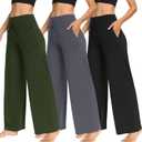 TNNZEET 3 Pack Women's Wide Leg Pants with Pockets - Casual Loose Yoga Trouser Pants Sweatpants Palazzo Lounge Pajama Pants (Green, M)