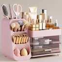 HBlife Makeup Organizer with Brush Holder for Vanity, Large Plastic Bathroom Countertop Organizer Skin Care Storage, Easy to Store Lipsticks, Nail Polishes, Perfumes, Eyeshadow Palettes, Pink