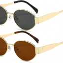 AIEYEZO Retro Oval Sunglasses for Women Fashion Polarized Sun Glasses Oval Metal Frames UV400 Protection Lens (2 Pack (Gold/Grey + Gold/Brown))