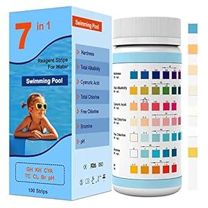 7IN1 Pool Test Strips, Accurate&Easy Water Chemical Testing Strip for Pool, Spa&Hot Tub, Quick Pool Test Kit for Hardness, Total Alkalinity, Cyanuric Acid, Total Chlorine 100 Strips (7IN1V11)