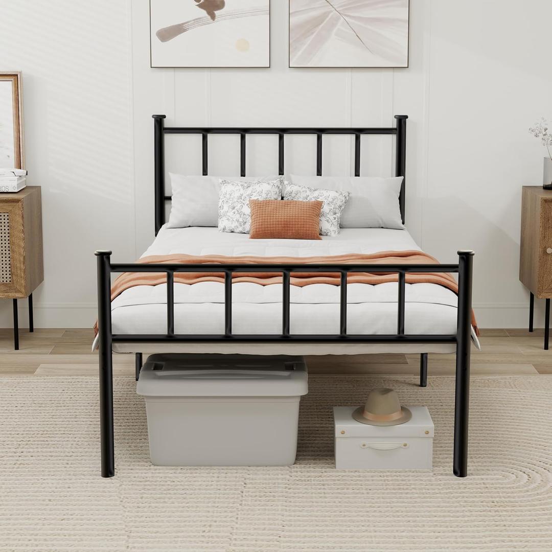 Metal Platform Twin Bed Frame with Headboard Sturdy Steel Slats Support No Box Spring Needed Easy Assembly Black