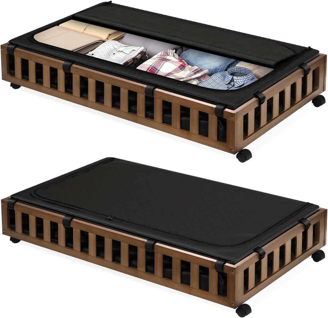 Gashell 2 Pack Bamboo Under Bed Storage with Wheels, 39x20x7.8 Lager Under Bed Storage Containers (Brown)