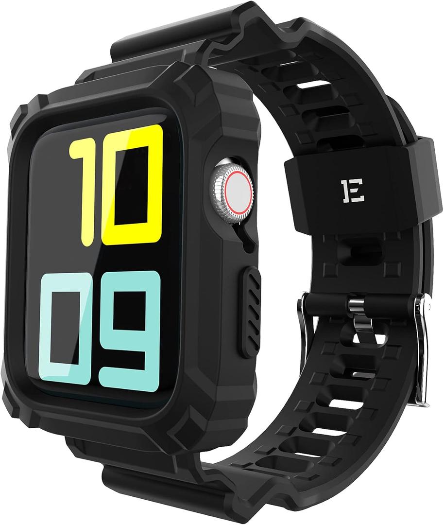 2 x ExoGuard Designed for Apple Watch Bands 42mm 44mm Series with Case, Sports Style Replacement Band Strap Shockproof with Bumper Case fits iWatch Series 7/6/5/4/3/2/1/SE - Black