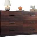 WLIVE Wood Dresser for Bedroom, Wide Chest of Drawers with 6 Drawers, Large Brown Storage Tower Unit, Modern Minimalist Closet Store Organizer for Living Room
