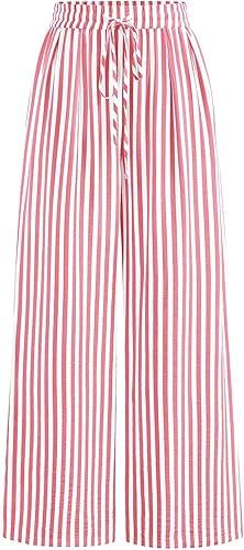 PRETTYGARDEN Womens Pants Elastic Waist Floral Lightweight Palazzo Pants for Women Casual Lounge Wide Leg Pants Woman (Large, Stripe Pink )