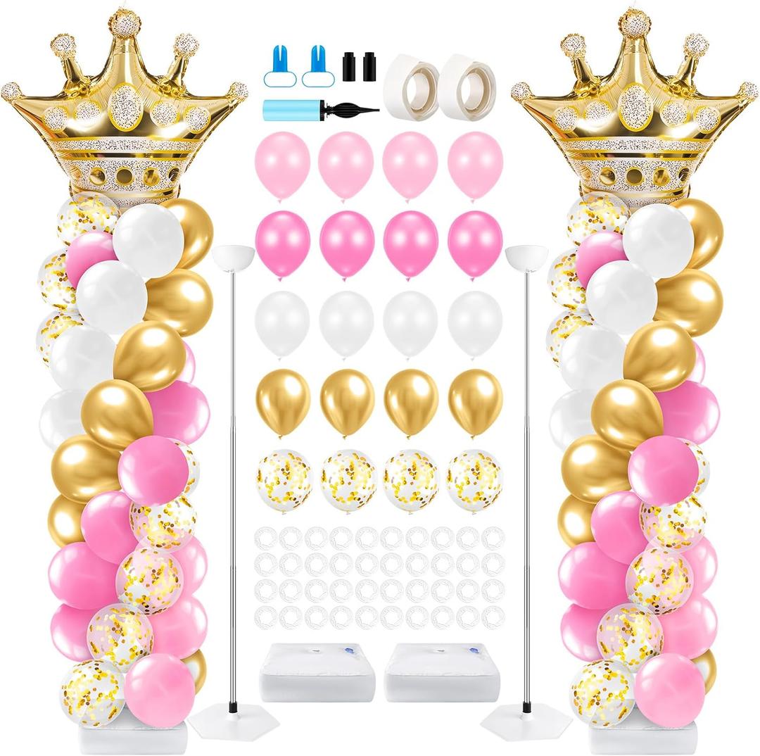 Kasyat 2 Sets Princess Party Balloon Column Stand Kit with 2 Crown Foil Balloons 100 Latex Balloons, Adjustable Stands Pink and Gold Balloon Stand Kit for Baby Shower Birthday Party Supplies (41 Inch)