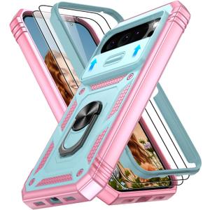 for Google Pixel 10 Pro XL Case with 2PCS Screen Protector, Build in 360 Rotating Ring Kickstand, Military Grade Protective Cover for Google 10 Pro XL Phone, Green+Pink