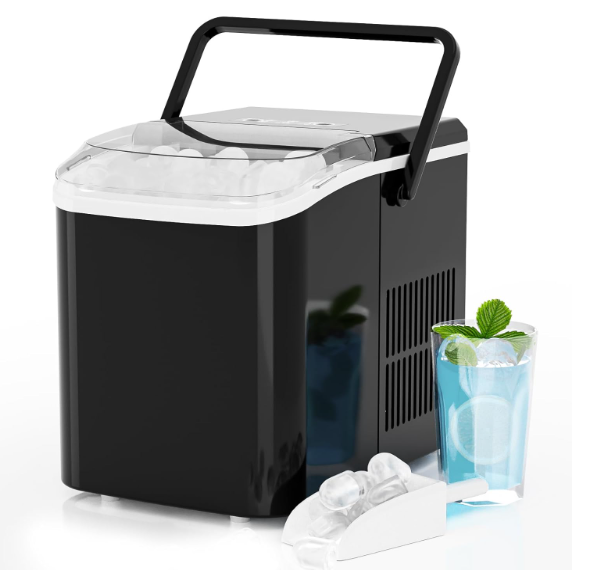 Ice Makers Countertop, Portable Ice Machine with Handle, 6 Mins 9 Bullet Cubes with Basket and Scoop, 26lbs in 24Hrs, Auto-Cleaning, for Home, Kitchen, RV, Camping, Black