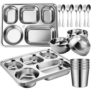 Potchen 14 Pcs 304 Stainless Steel Plates and Bowls Sets with Cups, Spoons, Forks, Compartment Trays Unbreakable Divided Plates Reusable Tableware for Home, Camping, Travel, Restaurant, Silver 