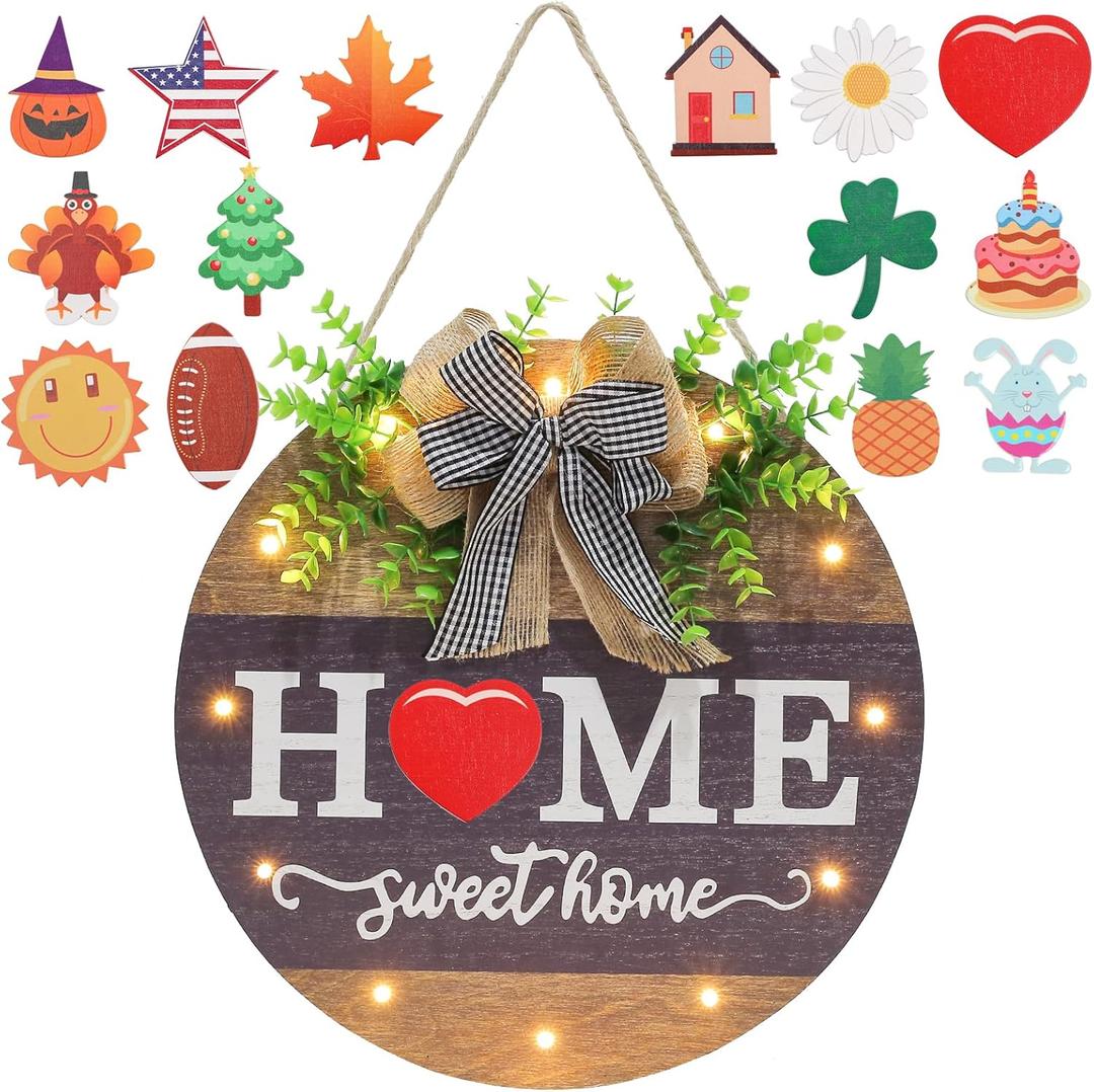 Interchangeable Welcome Sign for Front Door with 14 Changeable Icons, Farmhouse Front Porch Decor Rustic Wooden Wall Sign with 12 LED Lights, Outdoor Seasonal Welcome Home Decorations (Wood home1)
