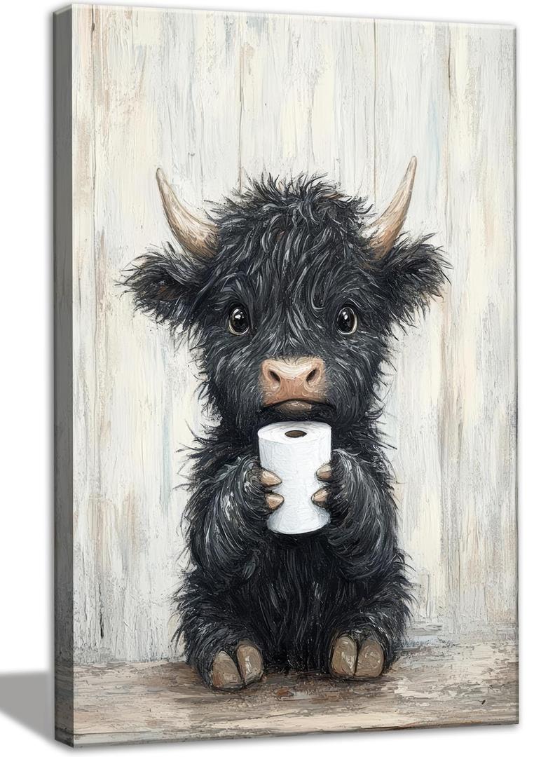 Highland Cow Wall art, Funny Farmhouse Cow Canvas Bathroom Wall Art Decor, Cute Black Cow Holding a Toilet Paper Roll Artwork Paintings for Bathroom Toilet Restroom Washroom Wall Decor 16x24''