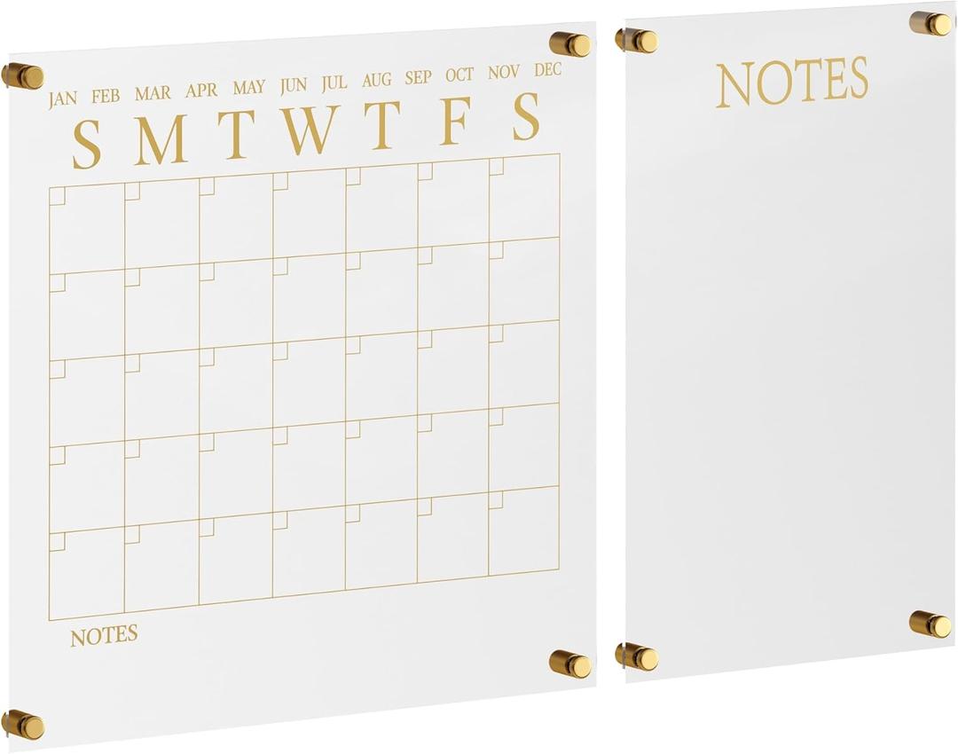 Martha Stewart Grayson Acrylic Wall Calendar and Notes Board with Dry Erase Marker, Clear with Gold Print, Set of 2
