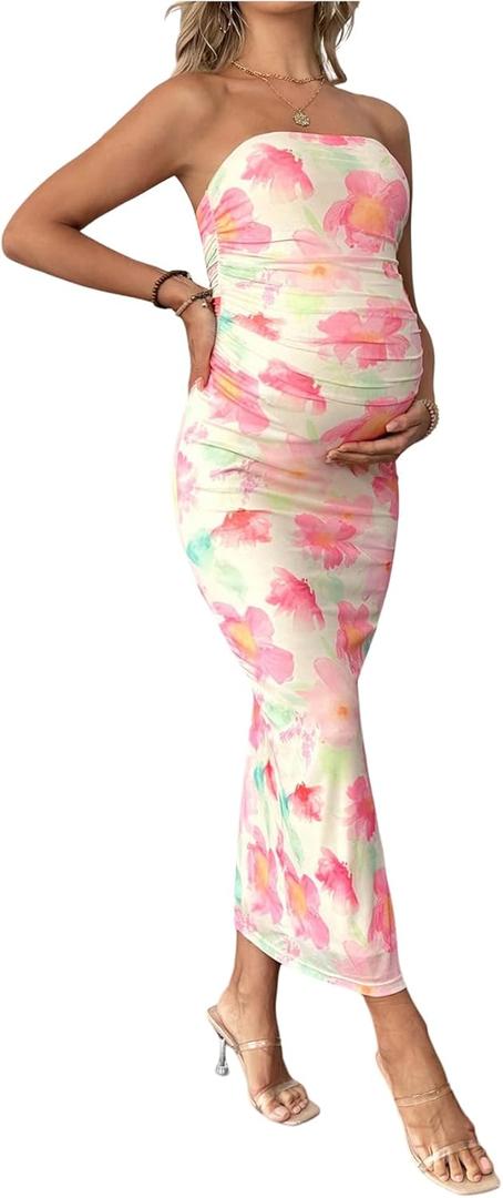 Milumia Women's Maternity Floral Mesh Strapless Tube Dress Sexy Split Thigh Bodycon Maxi Dress (L)