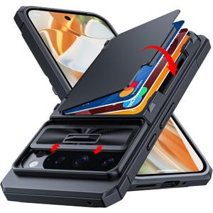 CENMASO for Google Pixel 9 Pro Case/Pixel 9 Case with Card Holder (4 Cards) & Sliding Camera Cover & KickstandRFID Blocking Full-Body Shockproof Wallet Phone Case for Pixel 9/9 Pro-Black