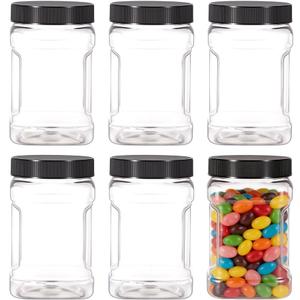 6 Pack 32 Oz Clear Plastic Square Jars with Easy Grip Handles - Airtight Storage Containers for Dry Goods, Cookies, Candy, Snacks & Pantry Organization
