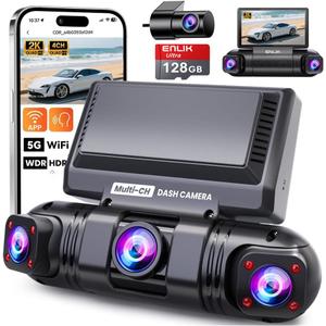 ENLIK Dash Cam Front and Rear 360 Dashcam 4 Channel Car Camera Dash Camera for Cars, QHD 2K+1080P*3 Camara with 128GB Card, 5G WiFi &APP Control, Night Vision/G-Sensor, 168Wide Angle, Parking Mode (Black)