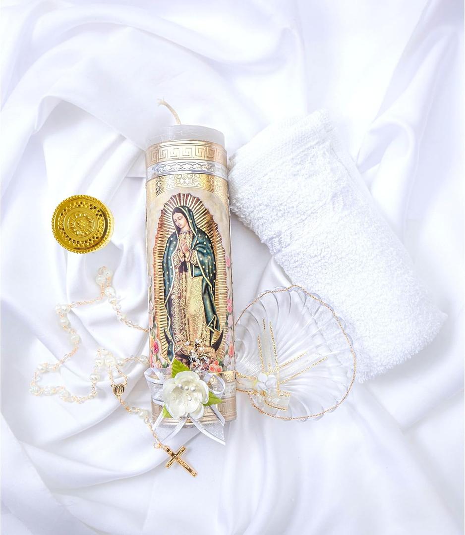 Baptism Candle Set Featuring Our Virgen de Guadalupe Candle Premium Golden Metallic Cover - Velas para bautizo Full kit - Catholic Baptism Candle Set - Vela bautiso