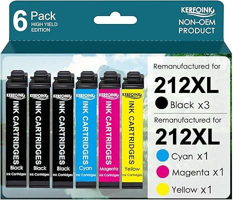 KERFOINK Remanufactured Ink Cartridges for Epson 212 212XL Combo Pack Upgraded Chips for XP4100 XP4105 WF2830 WF2850 Printers, High Yield (3 Black, 1 Cyan, 1 Magenta, 1 Yellow, 6Pack)