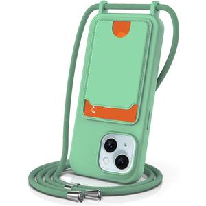 2 x Designed for iPhone 15 Case, Liquid Silicone, Multi-Functional Card Pocket with Lanyard Strap, Adjustable Rope, Shockproof All-Round Protection, TPU Soft Phone Case for iPhone 15, Mint