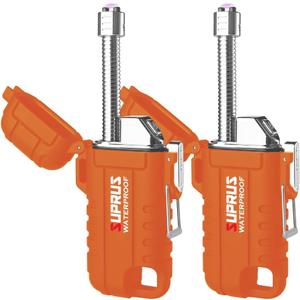 SUPRUS Waterproof Lighter Windproof Lighter Arc Plasma Lighters USB-C Rechargeable with Expandable and Flexible Neck for Outdoor, Camping & Kitchen (Orange, 2Packs)