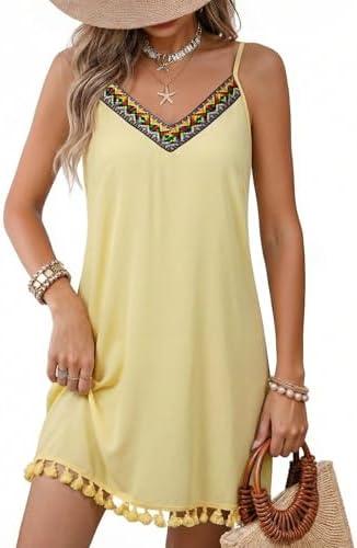 Dokotoo Summer Dresses for Women 2026 Beach Vacation Sundress V Neck Embroidered Spaghetti Strap Beach Cover Up