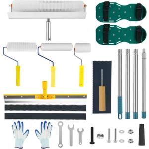 Complete Self Leveling Cement Tool Kit, Professional Epoxy Floor Kit Tools with Spiked Roller with Splash Guard, Spike Shoes, Paint Roller, Trowel, Scraper & Extension Pole