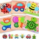MAGIFIRE Wooden Puzzles 12-18 Months - Multicolor Set of 6 Animal & Vehicle Shapes with Storage Bag - Montessori Chunky Puzzles for Toddlers Ages 1-3 & Hand-Eye Coordination