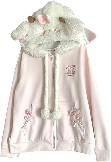 Lunoakvo Women Kawaii Zip Up Hoodie Girls Cute Sheep Cartoon Embroidery Harajuku Long Sleeve Hooded Pullover Sweatshirt Pink, M