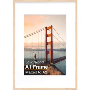 KINLINK A1 Picture Frame, White Oak Solid Wood Frame with Acrylic Plexiglass for Pictures A2 with Mat or A1 without Mat, Wall Mounting Display Photo Frame 1 Pack