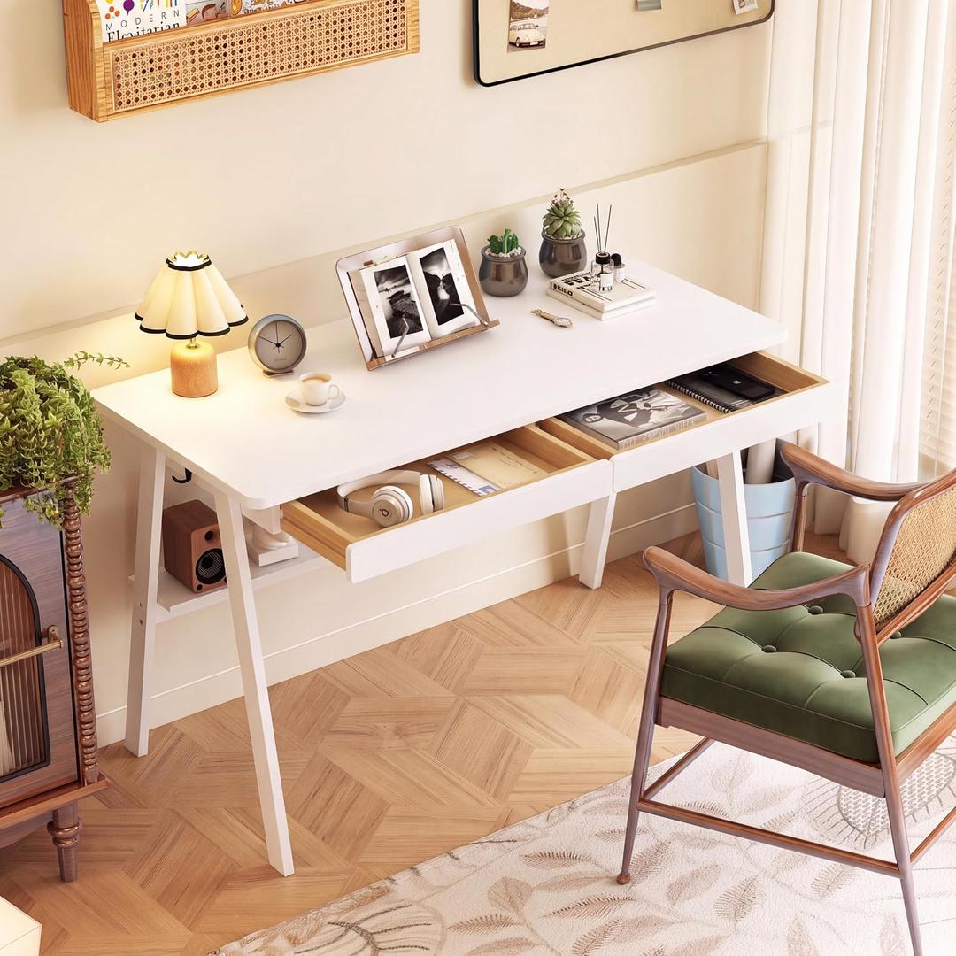 Solid Wood Desk with Drawers - 47.2 Inch Writing Desk with Drawers & Storage Shelf, Simple Modern Study Table, Home Office Computer Desks for Bedroom & Home, White Desks, 47.2 in W x 21.7 in D