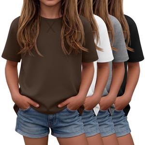 Oakgarden 4 Pack Girls Short Sleeve T-Shirts 5-14Y Crew Neck Drop Shoulder Tops Kids Loose Casual Athletic Basic Shirts Tees(Brown, White, Light Mix Gray, Black,9-10 Years)