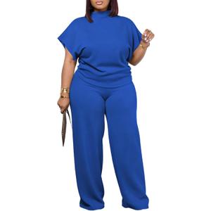 PINSV Lounge Sets for Women Plus Size 2 Piece Outfits Baggy Short Sleeve Top Pants Tracksuits (Blue), 1XL