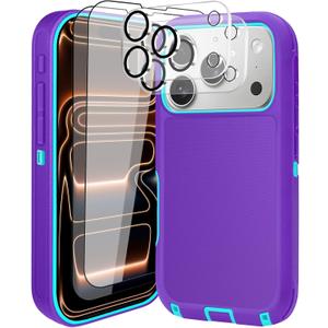 for iPhone 17 Pro Case (6.3"), with 2 Tempered Glass Screen Protector [Heavy Duty Military-Grade Full Body Drop Protection] Shockproof Tough Durable 6.3 InchPurpleBlue+Lens