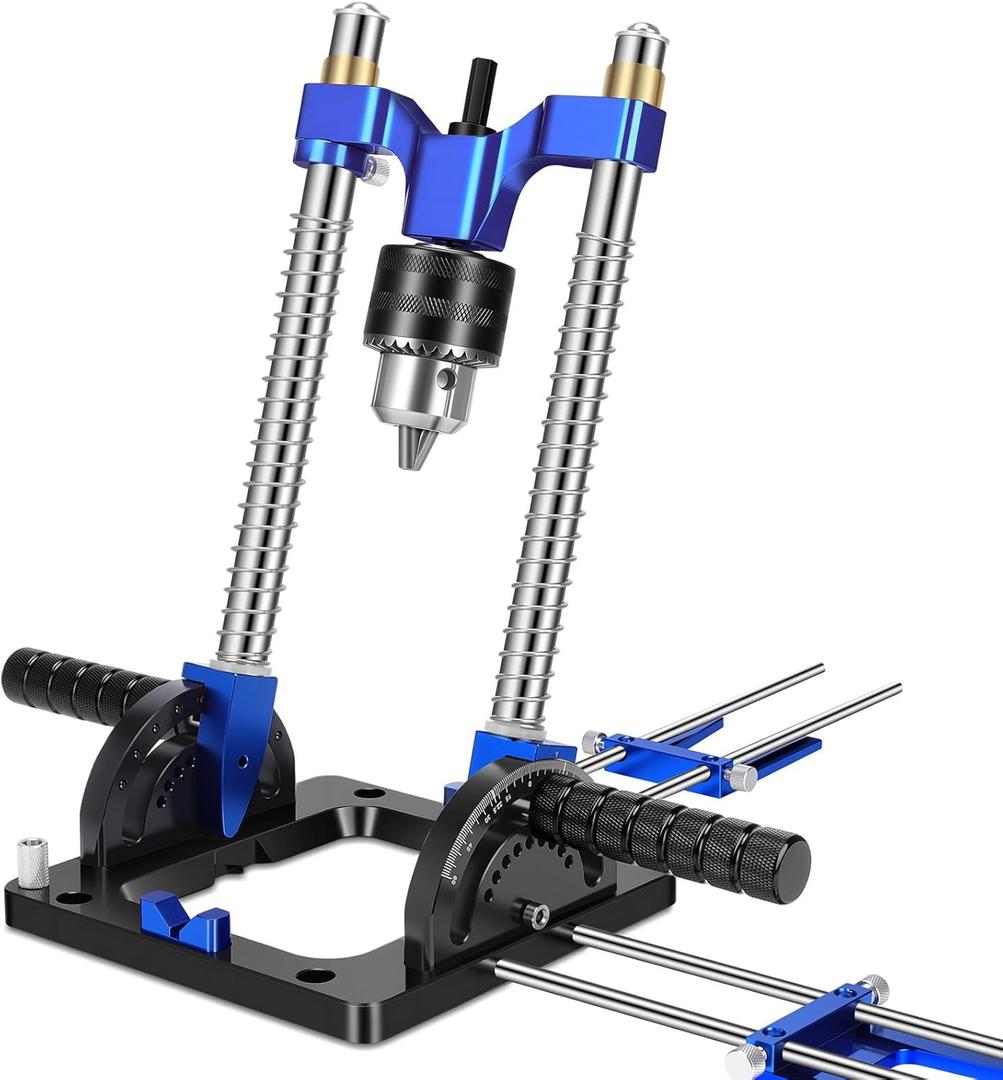 Upgraded Portable Drill Guide, Adjustable 0to 60Multi Angle Drill Guide for Straight Holes, Drill Press Adapter for Hand Drill, with 1/2" Chuck, Key, Guide Rod Precision Drilling Jig,Heavy-Duty