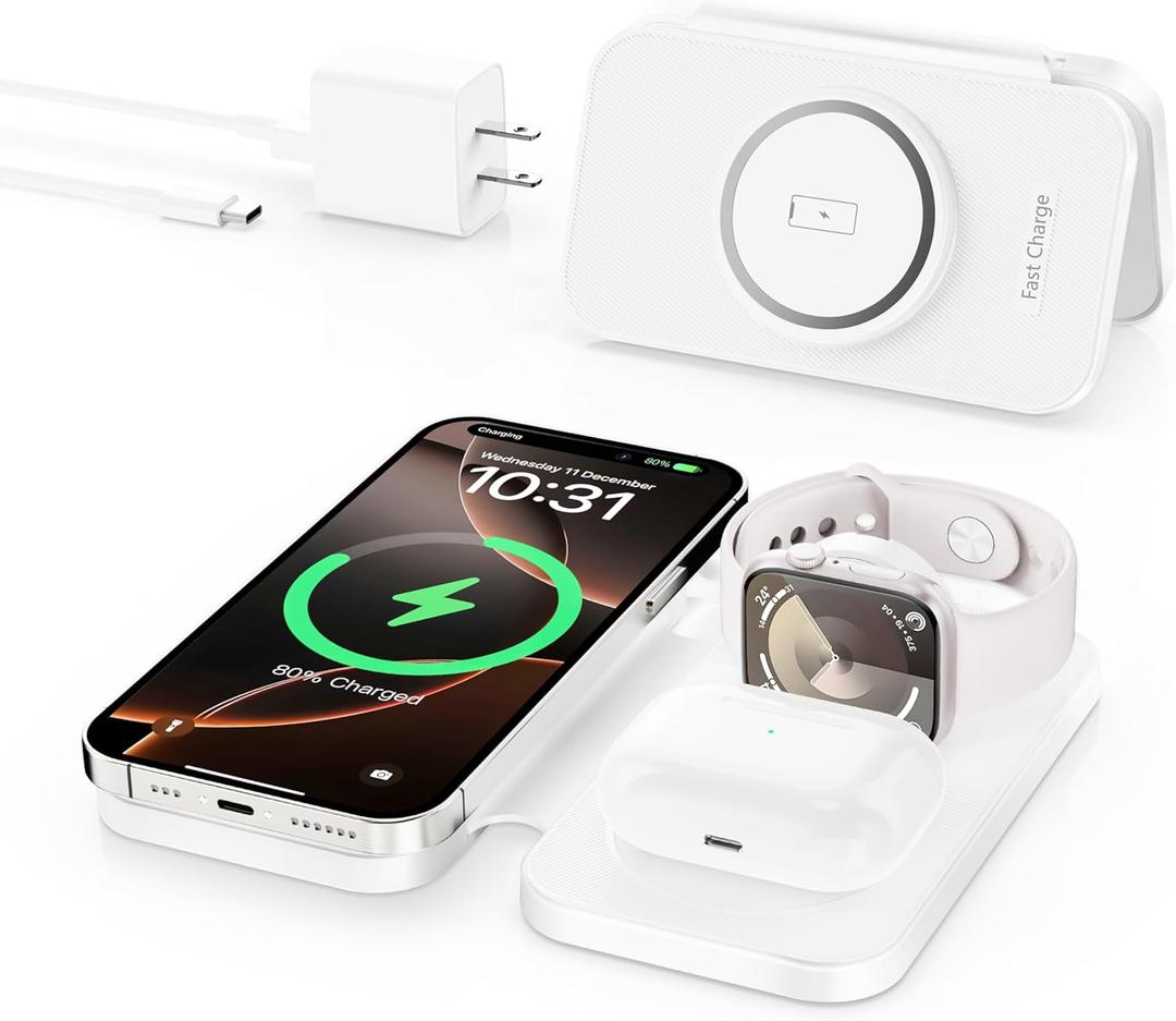 2025 Traveling Portable Wireless Mag-Safe Fast Charging Station,Magnetic 3 in 1 Charger for iPhone 16 15 14 13 12 Pro Max Plus,Apple Watch Series & Air pods 4 3 2 Pro-Gifts for Family (White)