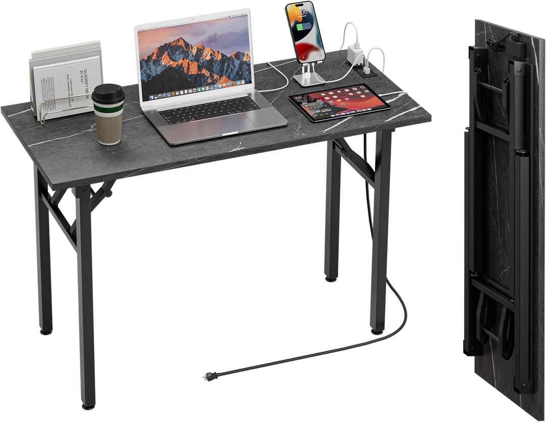 TEMI Small Computer Desk Folding Table - No Assembly, Compact 43.3" Foldable Desk with Power Outlets & USB Charging Port, Portable Small Office Desk, Ideal Mini Study Table, Marble Greige