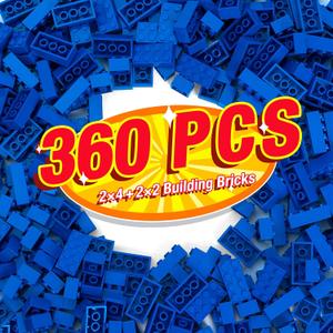 MANNIDOO 360 Pieces Building Bricks, Classic Basic Flats Parts and Pieces - 2x4 Brick x200 and 2x2 Brick x160, Moc Building Bulks Compatible with All Major Brands, Blue
