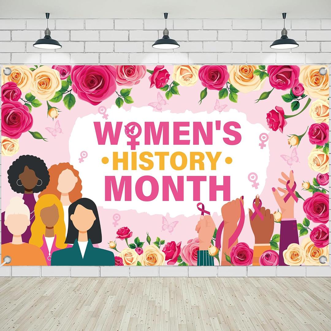 Womens History Month Decorations Backdrop, Pink Floral Womens History Month Banner with Diverse Female, Large Wall Background for March Events Office Community Celebrations 71" 43"