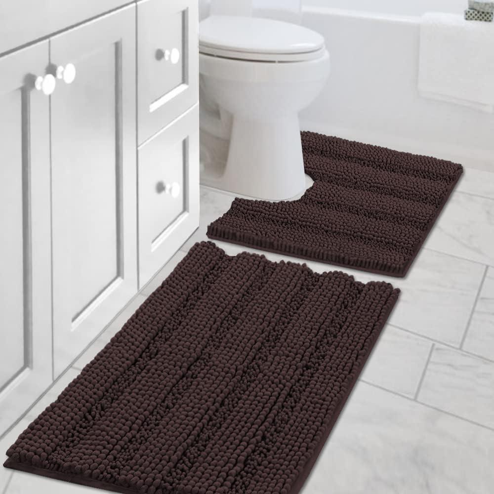 Bathroom Rugs Bath Rug Set 2 Piece Bathroom Contour Rug Toilet Mat Sets Non Slip Contour Bath Rug Set Ultra Thick Water Absorbent Striped Bath Mats Washable (20" x 32" Plus 20" x 20" U, Chocolate)