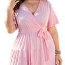 KOJOOIN Women Plus Size V Neck Wrap Dress High Waisted Short Sleeves Summer Casual Midi Dress with Belt (5X-Large, Pink Short Sleeves)