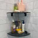 Bakzon 2-Pack Glass Shelf Shower Caddie, Shower Shelves for Inside Shower, Drilling Free Adhesive Wall Mounted Bathroom Organizer Shelves with Aluminium Brackets, Black