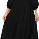 Ladyful Embroidered Eyelet Cotton Dress for Women Maxi 3/4 Sleeve Button Down Hollowed Out Flowy Midi Shirt Dress (Black, XL)
