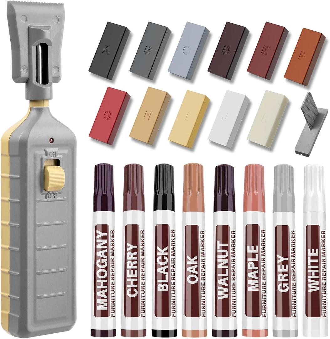 Laminate Floor Repair Kit with Heat Pen, 11 Color Wood Vinyl Floor Furniture Repair Kit Linoleum Repair Hard Wax Touch Up Marker Cover Scratches, Stains, Cracks, Holes for Door, Cabinet, Table.