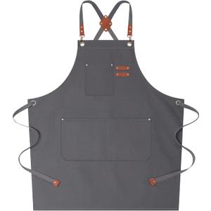 AFUN Chef Aprons for Women Men with Large Pockets, Cotton Canvas Cross Back Water Repellent Work Apron, Size M to XXL (Grey)