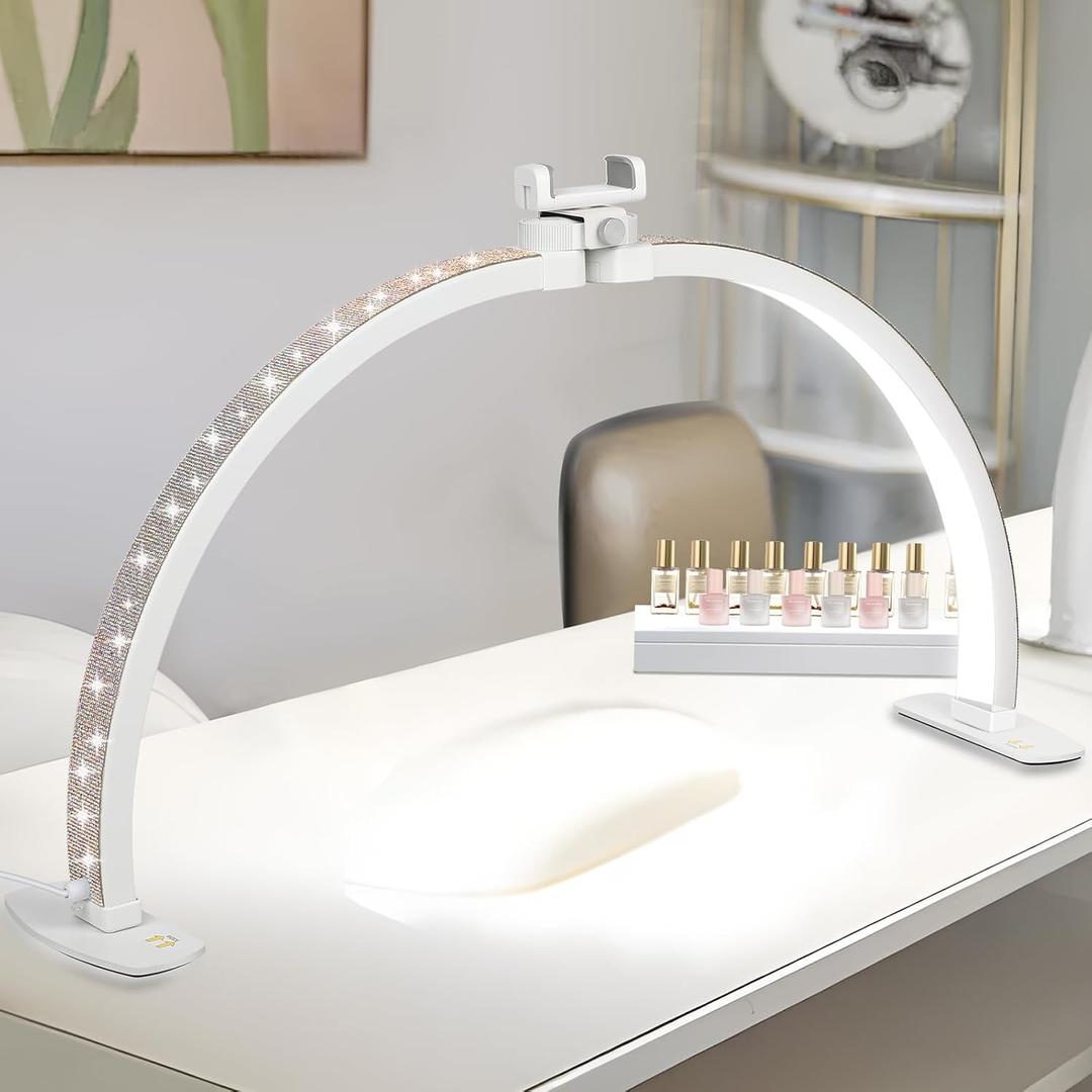FAHKNS 29IN Half Moon Light for Nail Desk, Desk-top Nail Lamp with Sparkling Rhinestones, Folfing Lamp with Phone Holder, Manicure, Diamond Painting, Sewing, 10 Brightness Levels (White)