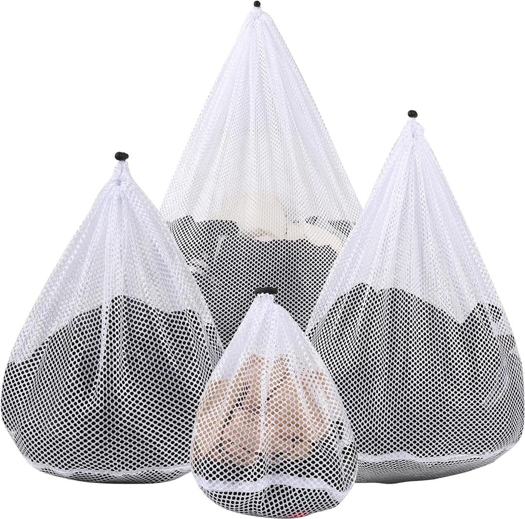 4Pcs Mesh Laundry Bags Washing Machine Mesh Wash Bags for Clothes, Underwear, Lingerie, Bed Linen with Drawstring Closure Sturdy(4 Size) (White)