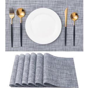 Placemats Set of 6 Washable Indoor/Outdoor Vinyl Place Mats for Dining Table Durable Non-Slip Heat Resistant PVC Weave Table MatsGray