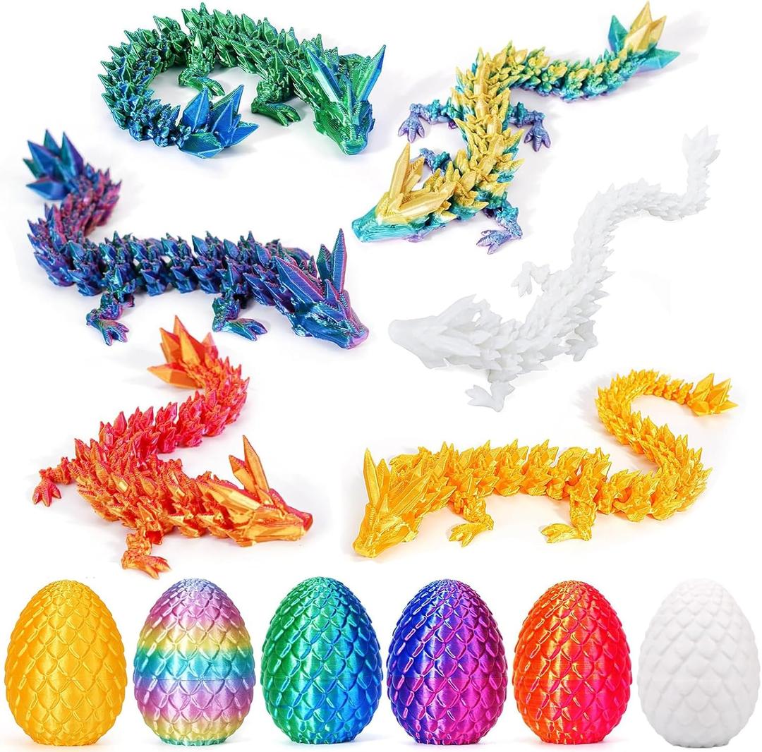 6 Pcs 3D Printed Dragon Eggs with Dragon Inside, Mini Dragon Egg Fidget Toy 3D Articulated Crystal Dragon Eggs, Easter Basket Stuffers 3D Printed Easter Eggs Animals Toy Set (Multicolor-6pcs)